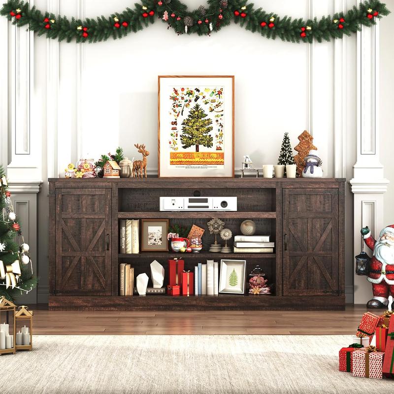 66"/75" Farmhouse TV Stand with Power Outlets for 85 Inch TVs, 33" Tall Entertainment Center with Storage Cabinets w/Adjustable Shelves, Rustic Large TV Media Console, Brown/white/black 66"/75" Farmhouse TV Stand with Power Outlets for 85 Inch TVs, 33" Tall Entertainment Center with Storage Cabinets w/Adjustable Shelves, Rustic Large TV Media Console, Brown/white/black