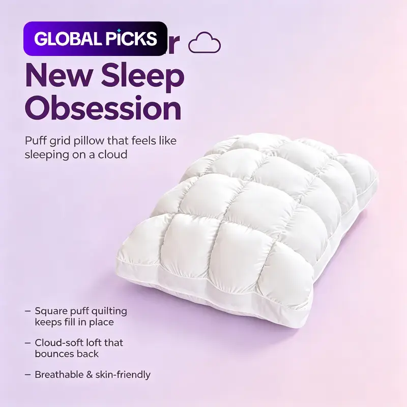 Cloud Puff Pillow-Soft Tufted Grid Puff Pillow, Plush Fluffy Bed Pillow with Marshmallow-Like Softness, Breathable Neck-Support Pillow for Side, Back & Stomach Sleepers, Cozy Sleeping Pillow for Waking Refreshed, Breathable Bed Accessory