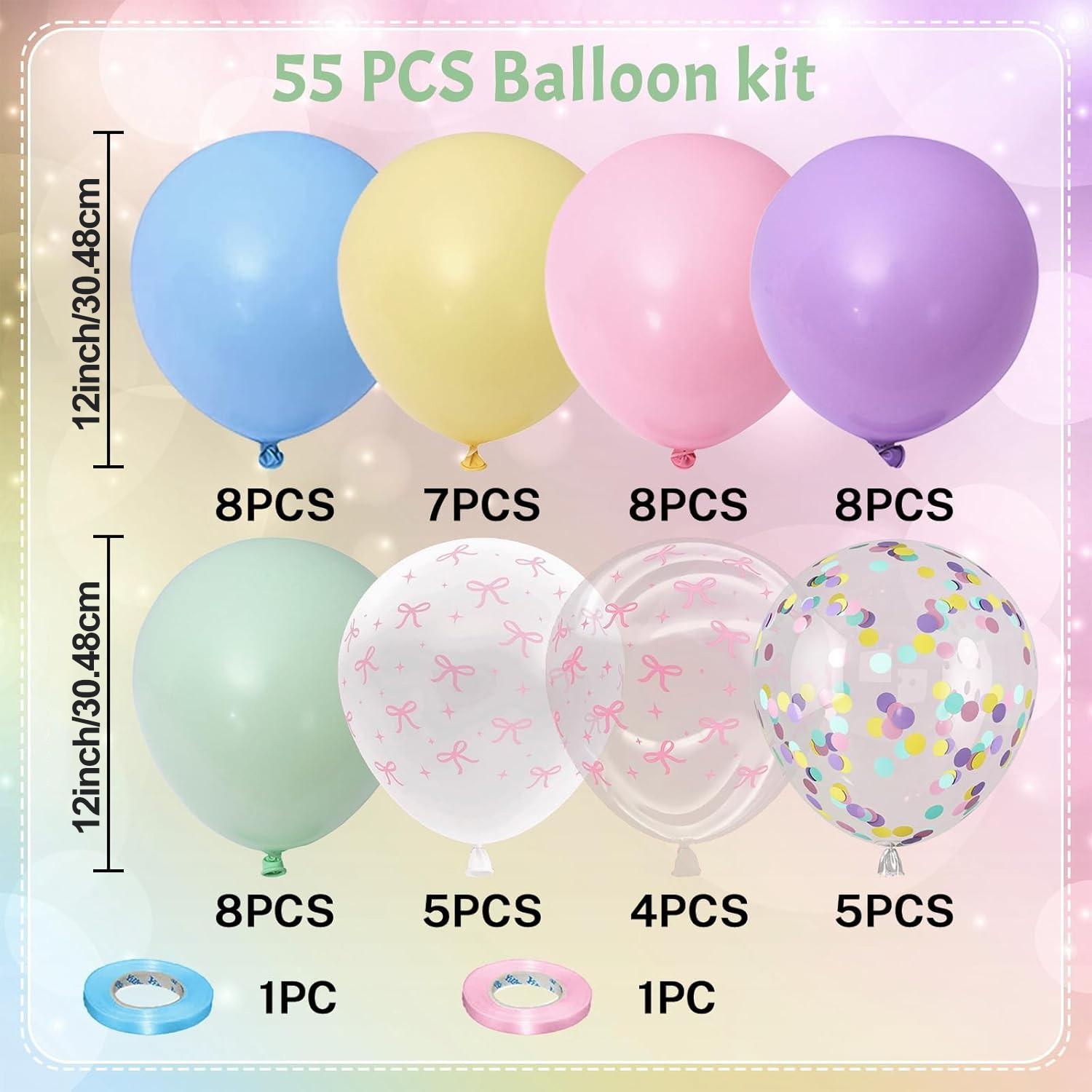 Pink bow balloons, rainbow balloon birthday decorations, 53 pieces of 12 inch pink bow printed balloons with 2 plain ribbons, children's confetti balloons, girls' princess bridal gift party decorations