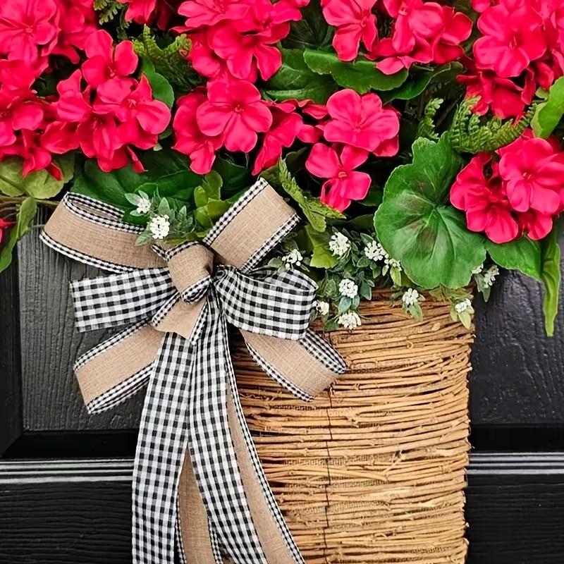 Spring Summer Geranium Artificial Flower Basket Wreath, Plaid Ribbon, Farmhouse Style Door Decor, Mother's Day Decoration