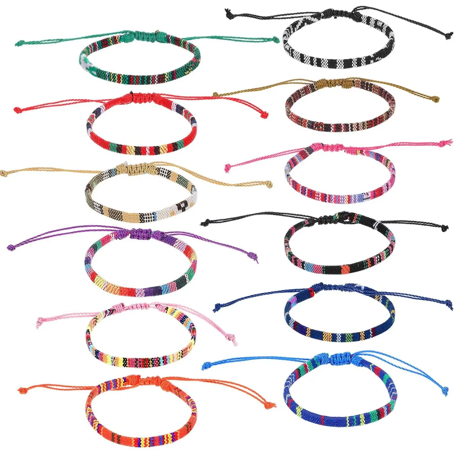 12 count Woven Bracelet,  Surfer Bracelets Adjustable Braided String Friendship Bracelet Boho Bracelets Anklets for Men Women (Multicolor)
