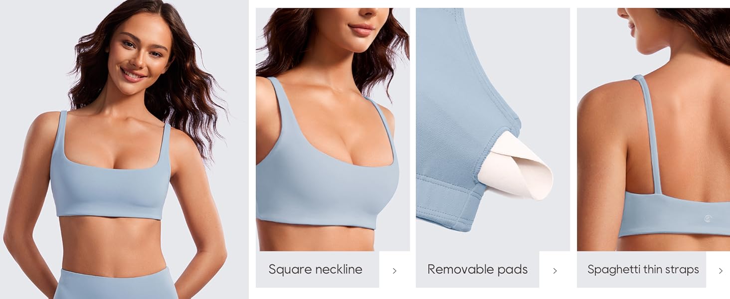 CRZ YOGA Butterluxe Spaghetti Strap Sports Bras for Women - Square Neck Yoga Wireless Bra Padded Cami Crop Top