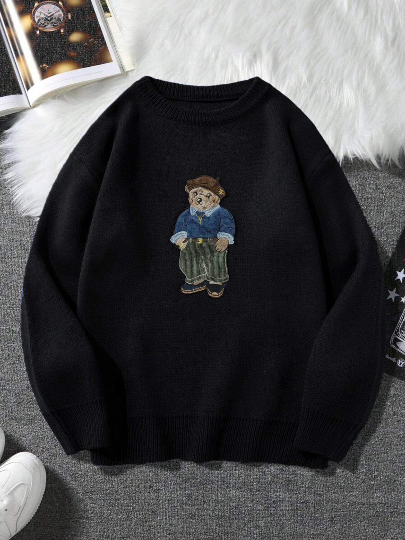Cartoon Bear Detail Crew Neck Sweater, Casual Loose Long Sleeve Jumper for Fall & Winter, Fashion Ladies' Knitwear for Daily Wear