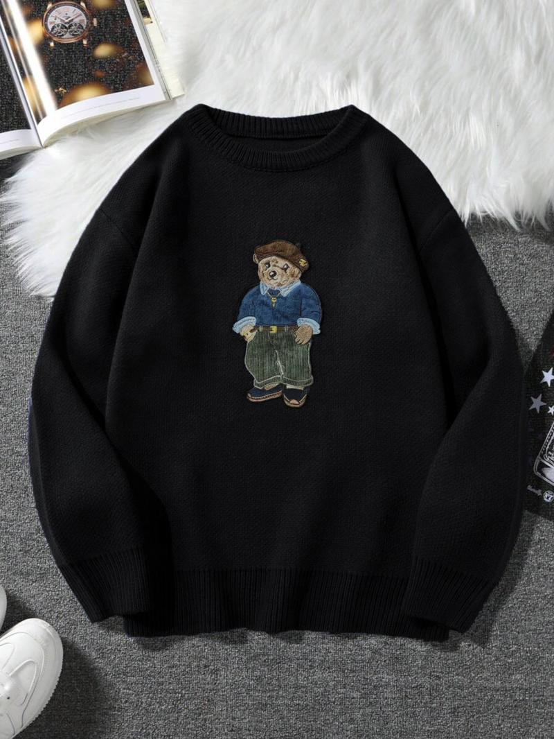Cartoon Bear Detail Crew Neck Sweater, Casual Loose Long Sleeve Jumper for Fall & Winter, Fashion Ladies' Knitwear for Daily Wear
