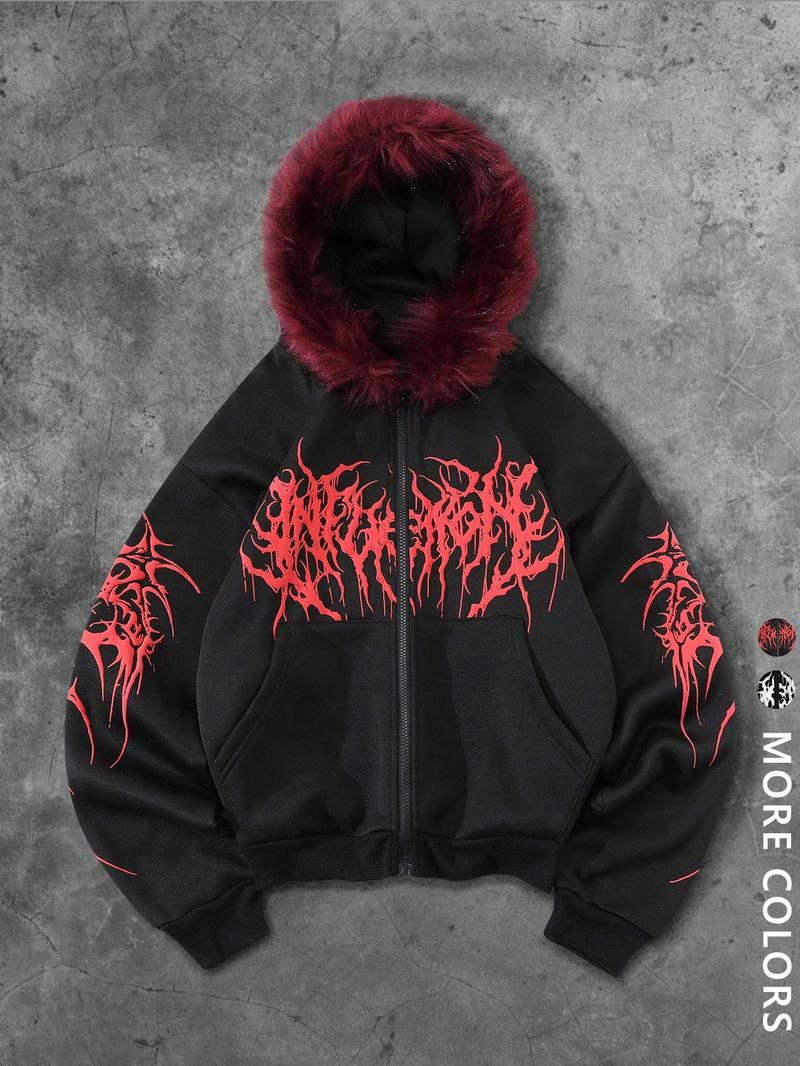 Unisex Y2K Gothic Angel Print Hooded Jacket, Hat with warm fleece lining,Fleece Lined, Zipper Design, Street Fashion, Warm and Stylish, Outdoor and Daily Wear