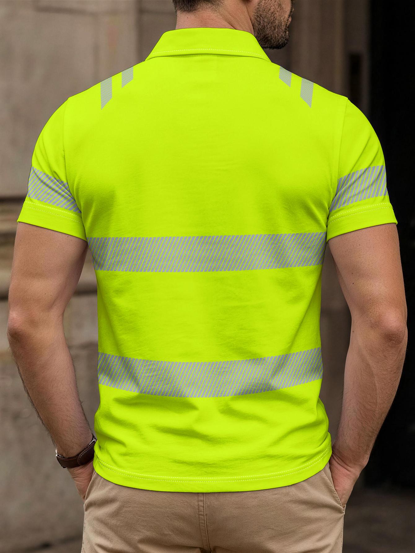 Men's casual striped short-sleeved Summer Polo shirt - A breathable and quick-drying work shirt with neon yellow contrast stripes and collar design Buttoned Polo Shirt