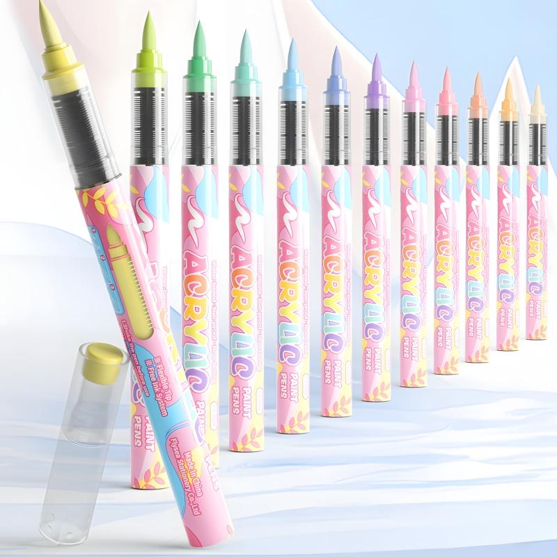 Acrylic Paint Markers,Macaron Series Set,Soft Brush Tip Water Based, Straight liquid Markers for Wood, Canvas, Rock Painting, Glass, Diy Crafts, Fabric Paint, Acrylic Drawing Markers