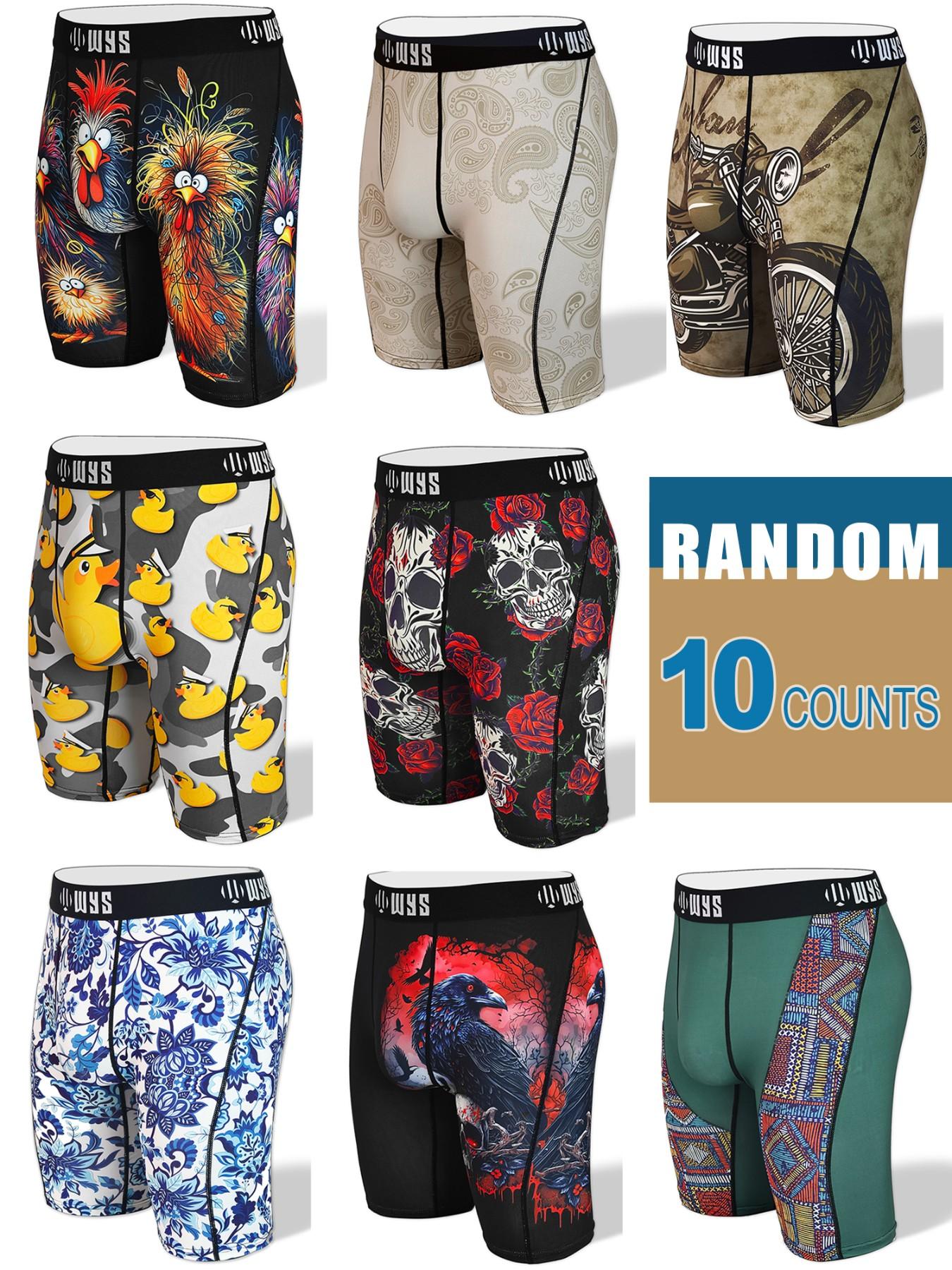 RANDOM 10PCS,Men's Long Athletic Stretchy Casual Boxer Briefs Set, Moisture-Wicking, Anti-Chafing, Quick-Dry, Halloween Skull Wolf Motorcycle Design Print, Comfortable Fit