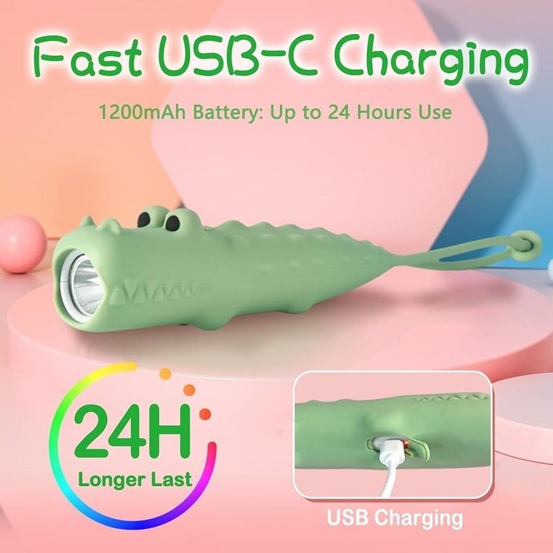 1PC Rechargeable Crocodile LED Flashlight, Cute Animal Shaped Silicone Flashlight, Comfortable Touch Long Press to Adjust Brightness Portable Outdoor Lighting Creative Light,for Camping, Night Walks and Home Use, Handheld Flash Light