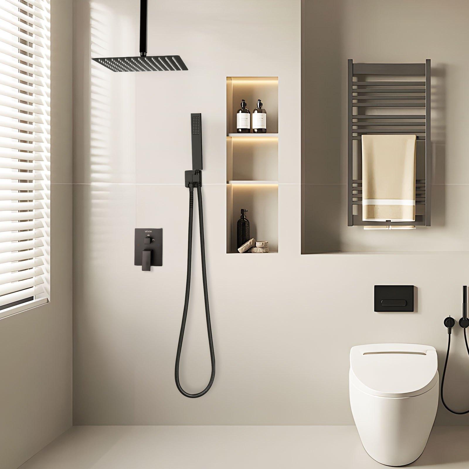 VEVOR Shower Faucet Set, Rainfall Bathroom Shower System with 10-Inch Square Rain Shower Head and Handheld Spray, Ceiling Mount Bath Fixtures with Brass Valve and Trim Kit, Matte Black