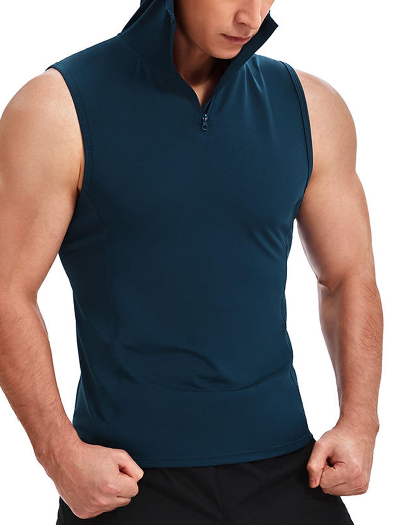 Men's Sports Fabric Tank Top, Loose Fit Stand Collar Hat Design, Quick-Dry Breathable, Hidden Storage Pocket, Professional Sportswear