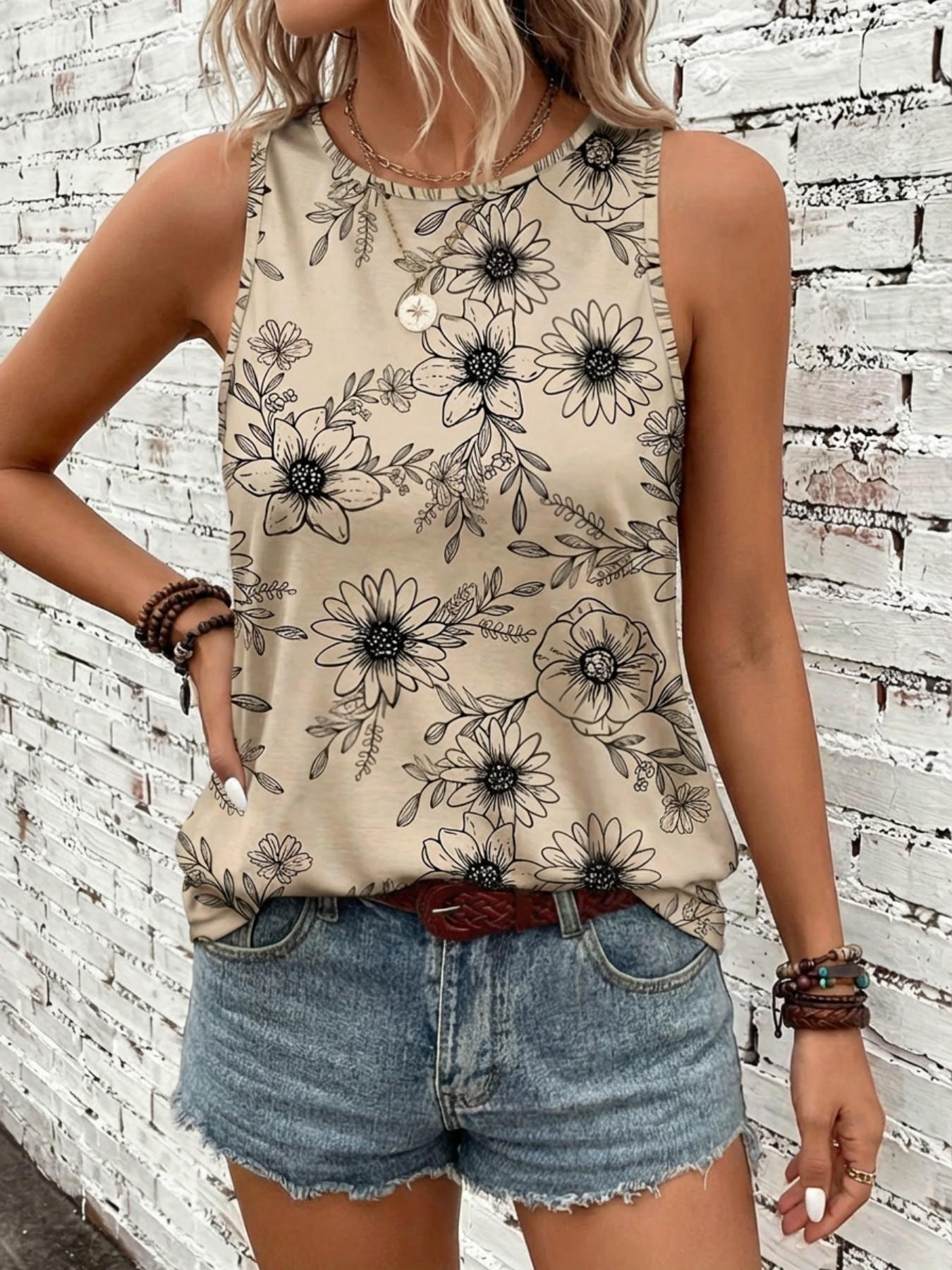 Summer Casual Round Neck New Print Sleeveless Top, Trendy Women's Fashion, Perfect for Daily Wear, Comfortable and Stylish