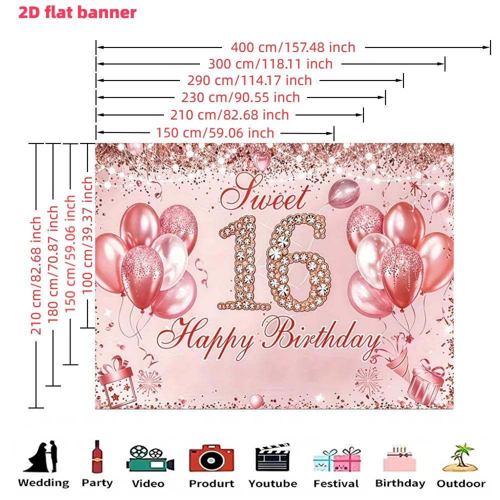 Diamond Sweet 16th Birthday Backdrop Banner, Balloon Sign, Polyester Material, Party Decor, Indoor Outdoor, Gift Idea