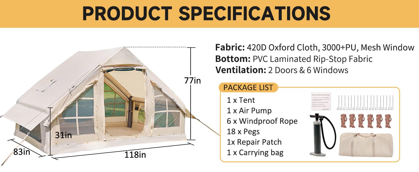 Lilypelle Inflatable Tents for Camping, Blow Up Tent with Hand Pump, Easy Setup Inflatable Hot Tent with Stove Jack, Waterproof Oxford Air Glamping Tents for Camping Adult 4-6 Person