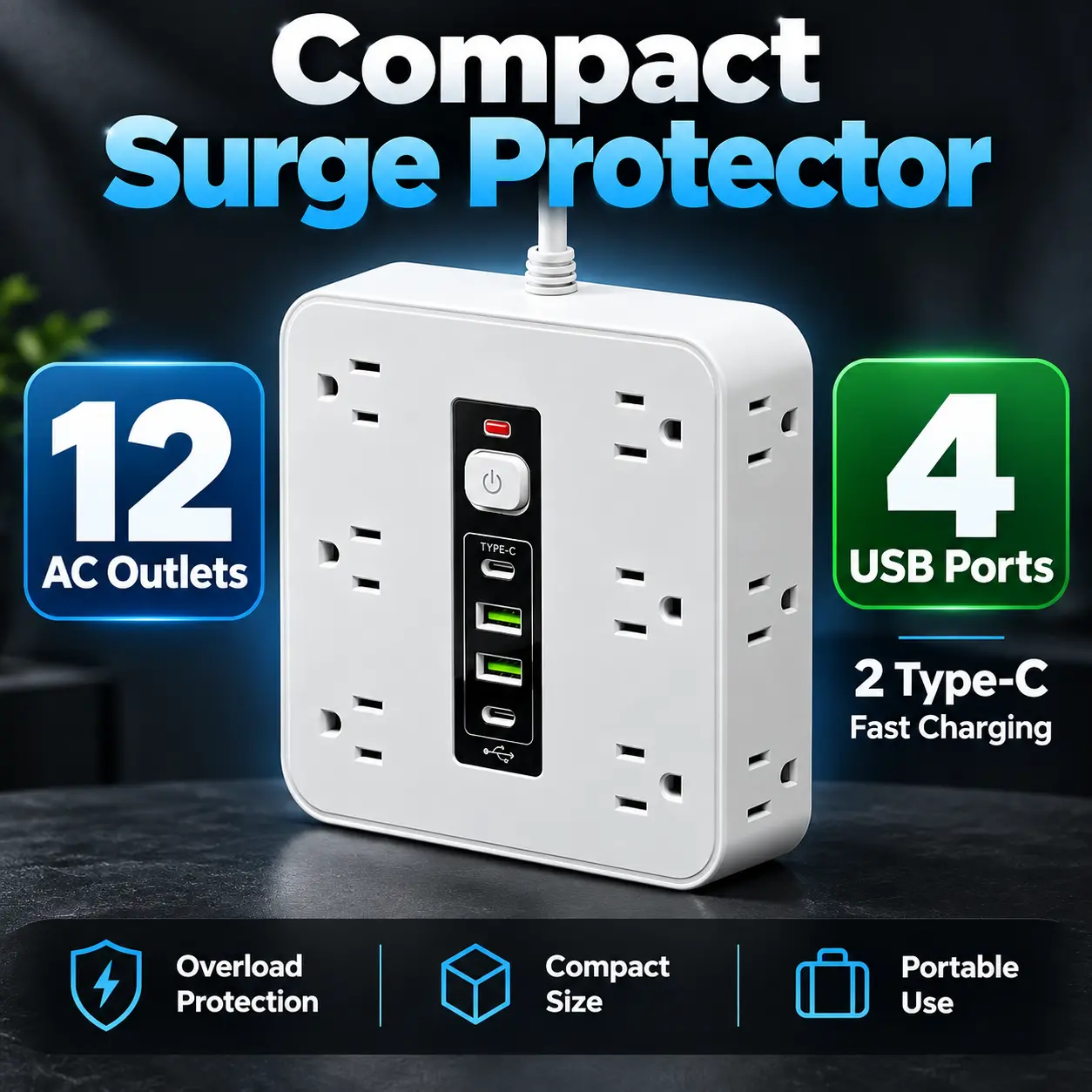 Portable Power Strip Surge Protector with 12 AC Plug Sockets and 4 USB Ports, Dual Type-C Quick Charger Design, Compact Multi Device Charging Station for Office Desk, Bedroom and Travel