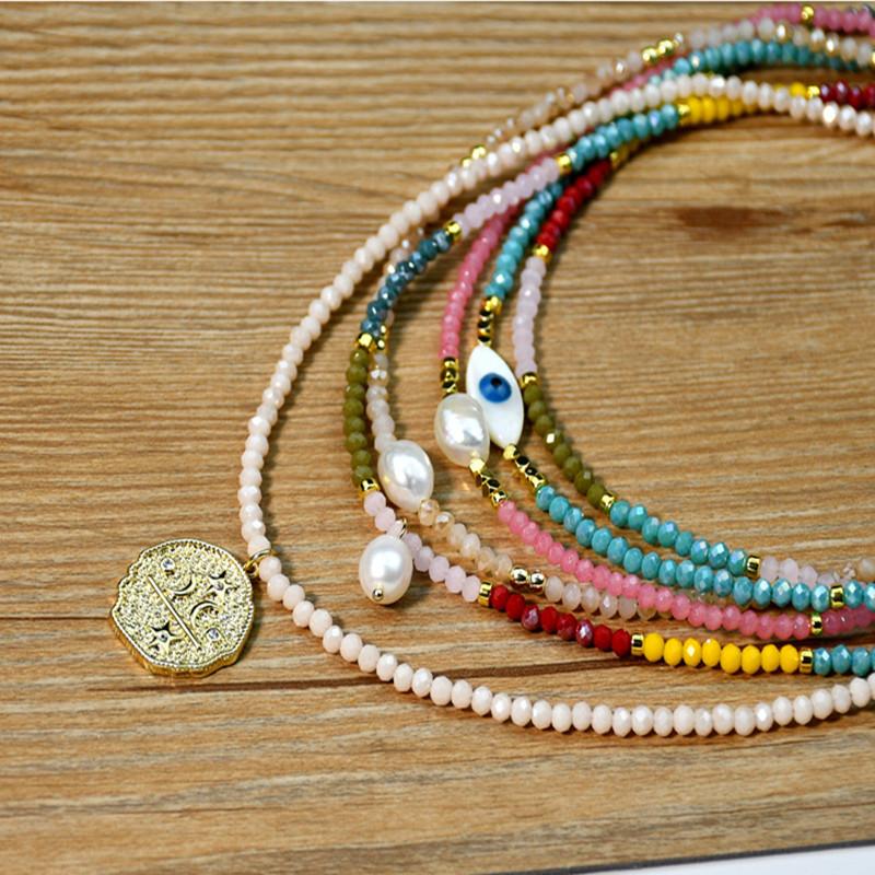 Funtopia Handmade Female Crystal Glass Necklace Pearl Summer Bohemian Multi Color Layered Chains Stainless Steel Chains Evil Eye Necklace Valentine's Day Gifts Anniversary Gifts