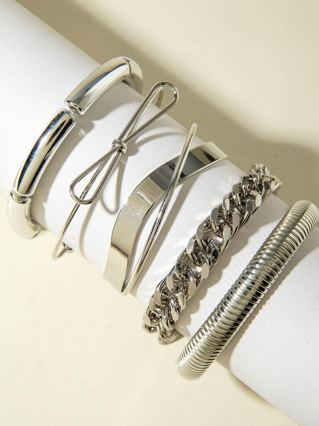 6 Pcs Silver Color Stackable Bracelet Set for Women, Punk Industrial Cuban Chain Open Cuff, Multi-Layer Metal Style, Street/party Fashion