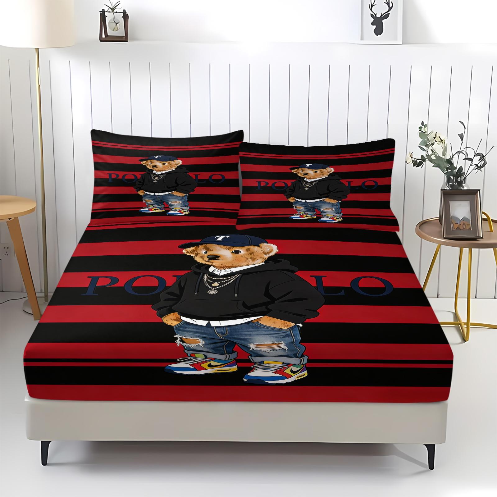 Teddy Bear Pattern Bed Sheet, Comfortable Printed Pattern, Includes 1 Bed Sheet and 2 Pillowcases, Comfortable Bedding, Non slip Dust Cover Suitable for Bedroom and Guest Room, Suitable as a Gift for Children or Adults