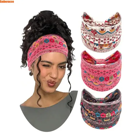 Women's Non-Slip Stretch Headbands 3-Pack - Boho Print Floral Pattern Active Wear Accessories for Female Adults, Cute Ditsy Flower Hair Bands for Workout, Everyday Casual Use
