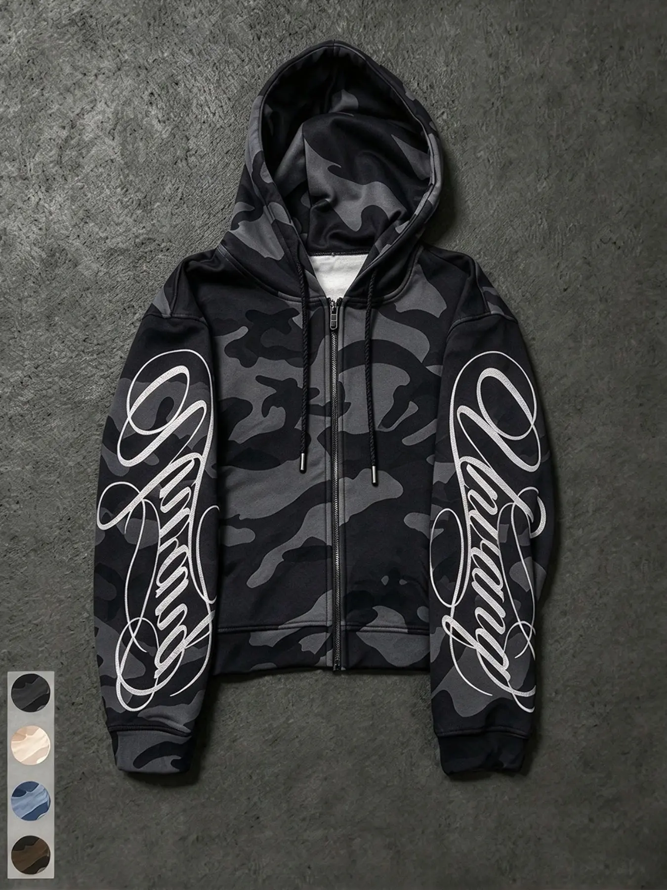 American High Street Style Camouflage Short Zip-Up Hoodie, Graphic Letter Print, Slim Fit, Casual Sweatshirt for Men and Women, Casual Hoodie Tops