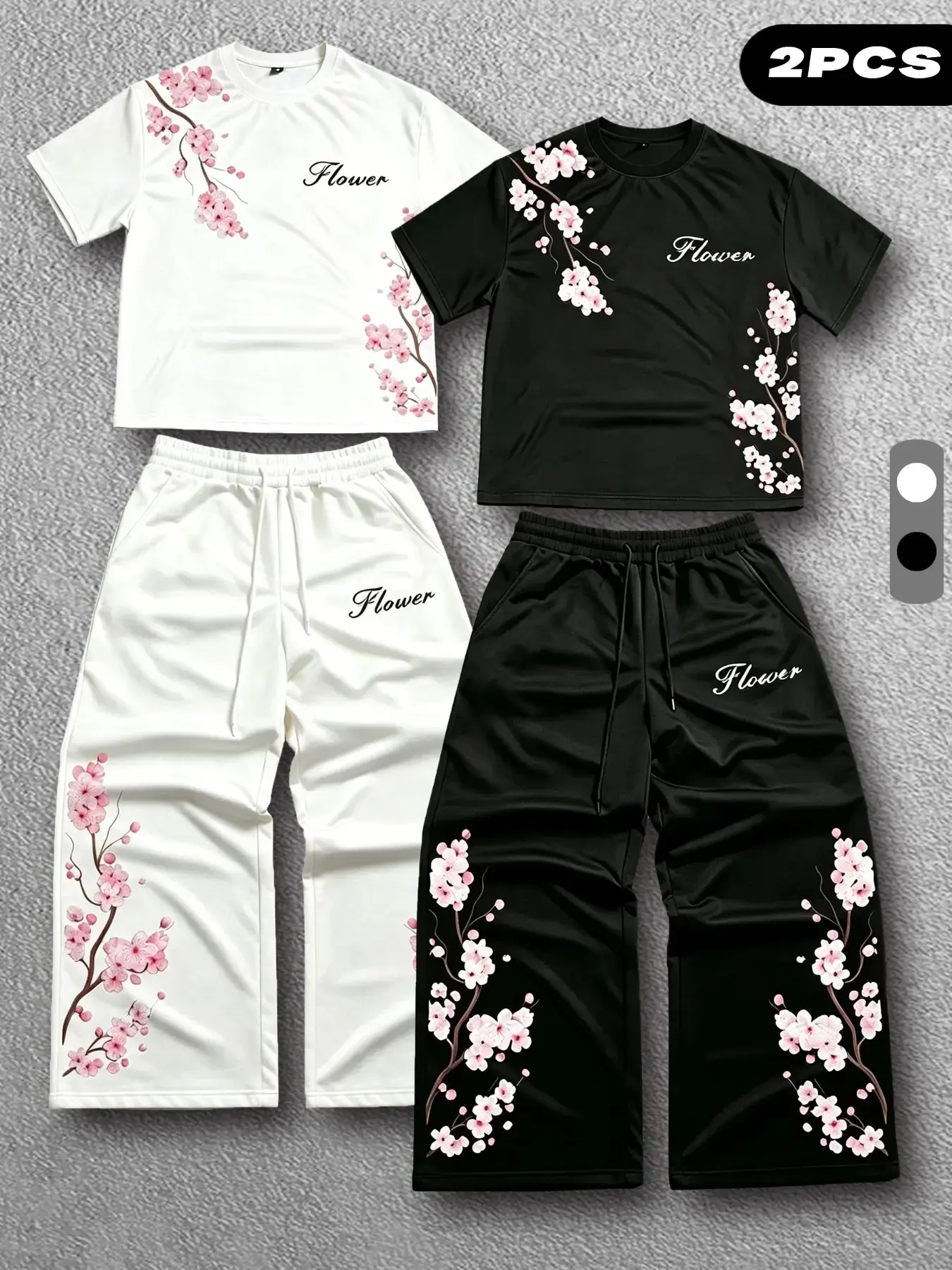 Men Women Short Sleeve T-Shirt Wide Leg Pants 2PCS Tracksuit, Cherry Blossom Flower Letter Graphic Print 2 Piece Outfit Set, Y2K Casual Streetwear, menswear clothing, ropa caballero hombre, unisex fashion outfits, Daily Matching Suit, Multiple Colors Avai