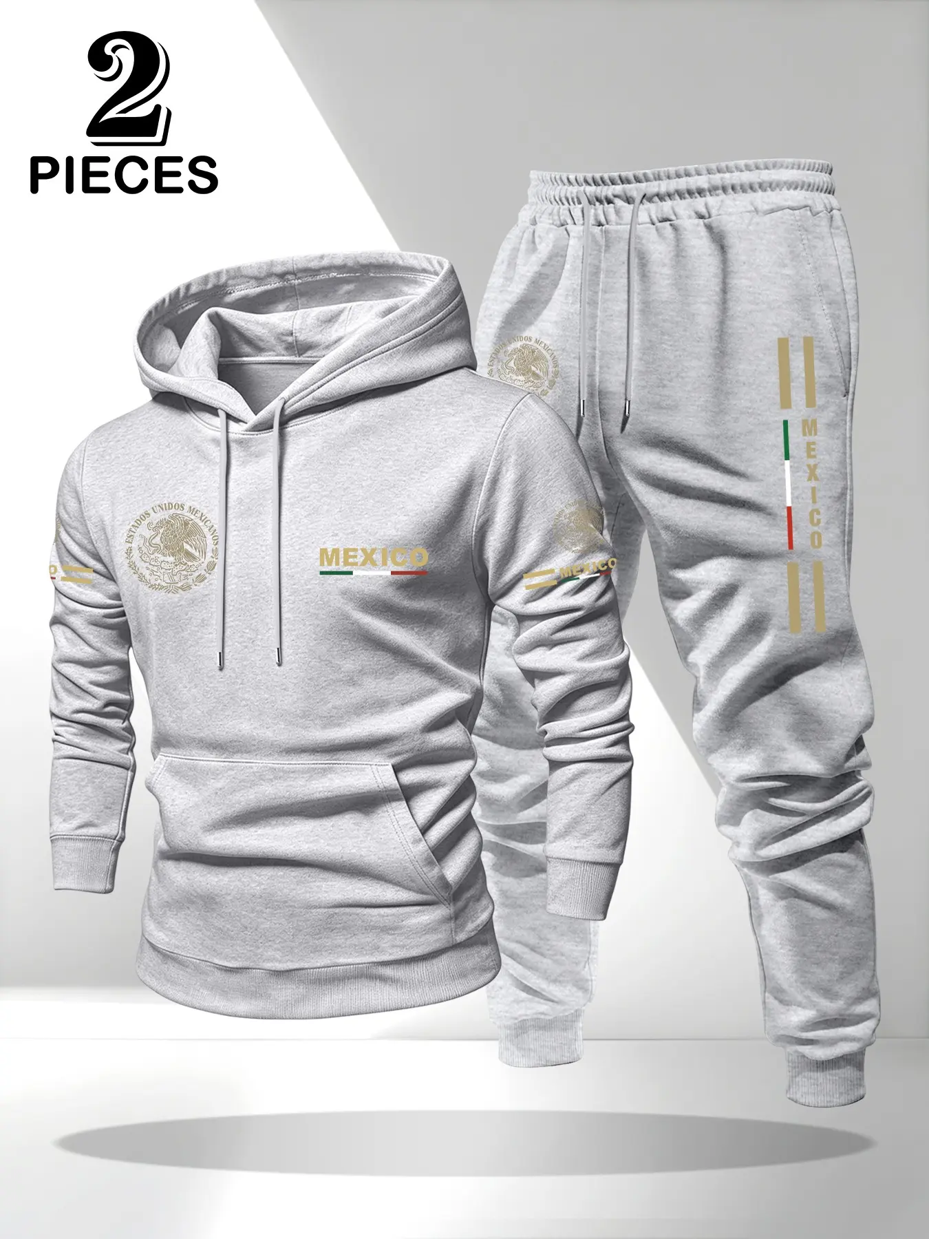 Men's Mexico Emblem Sport Set, Fall Winter Warm Fleece Hoodie and Pants, Fashion Casual, Ideal for Daily Jogging and Travel