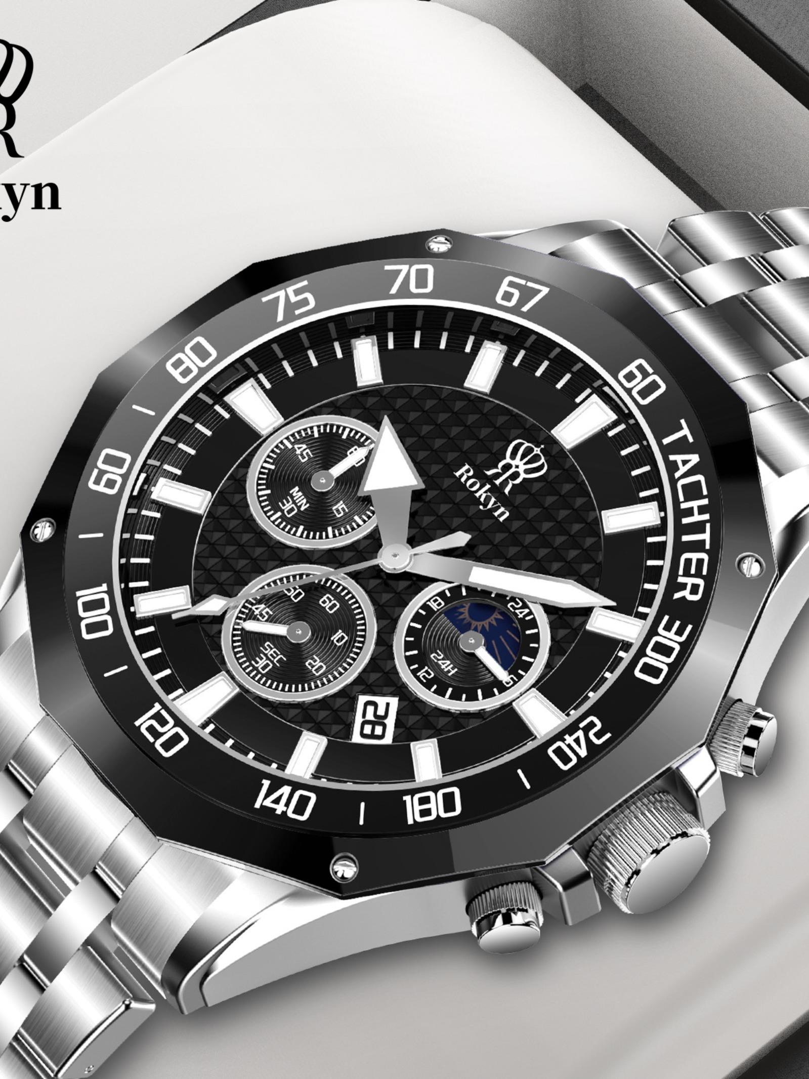 Rokyn Multifunctional Steel Band Quartz Watch, Waterproof Night Glow Moon Phase Timer, Men's Three Eye Six Needle Wristwatch