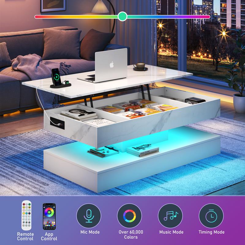 39.4"/47.2" Large Lift Top Coffee Table,Modern High Glossy LED Coffee Tables for Living Room with Storage,Black Living Room Tables for Living Room,Dining Room,Bedroom Home Office,APP LED Lights（Black/white）
