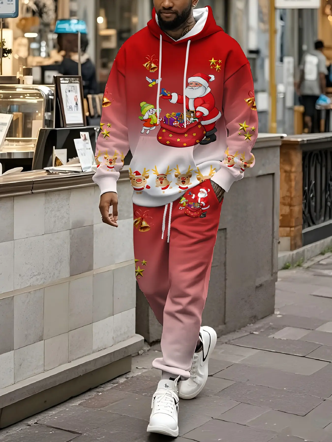 3D Christmas Print Hoodie And Sweatpants Men'S Set - Red And White Gradient Santa Claus Snowman Reindeer Elf Pattern With Drawstring Hood And Elastic Fabric At Waist. Suitable For Holiday Parties And Casual Wear In Spring And Autumn