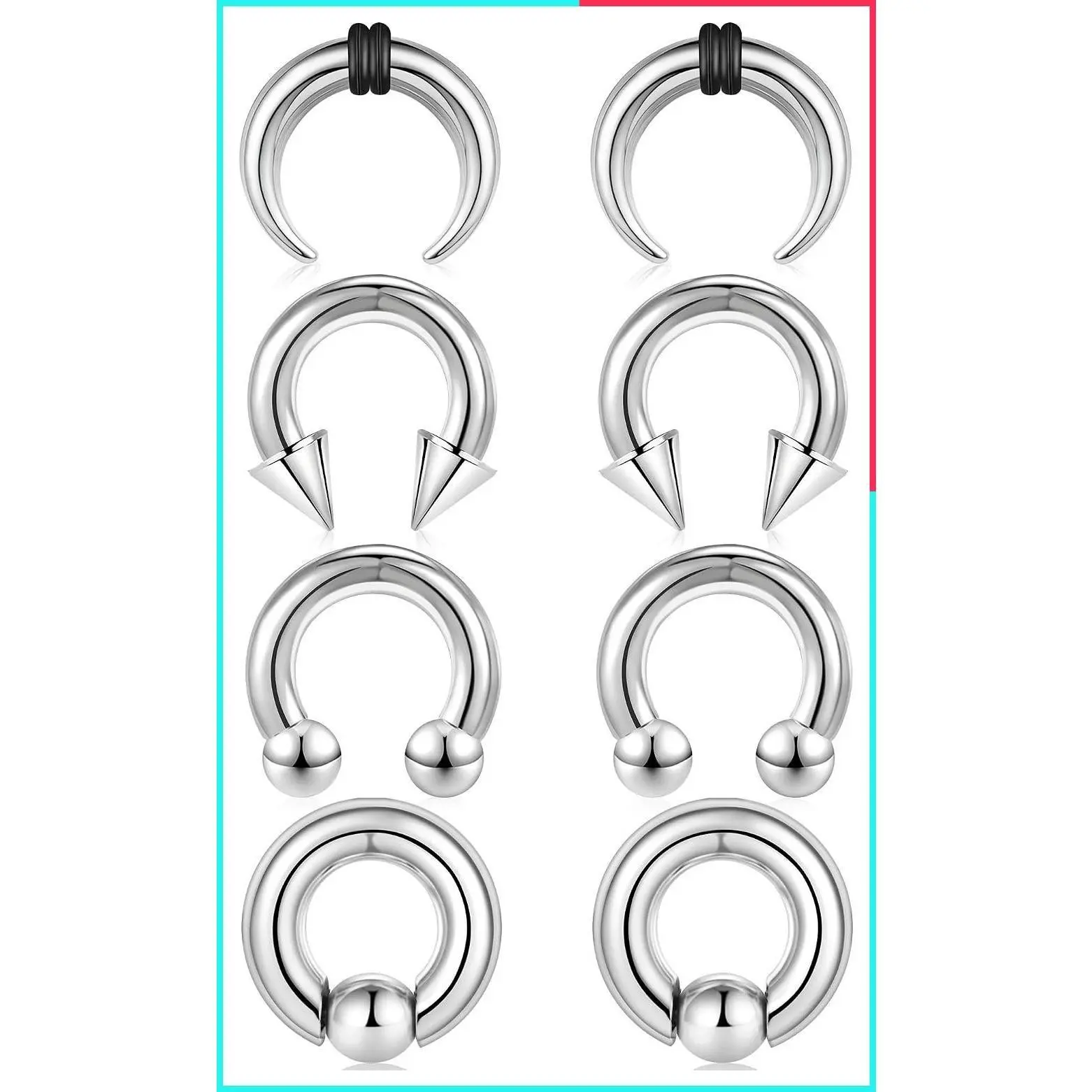 8Pcs 2G-16G Stainless Steel Septum Rings Hoop Spike Horseshoe Pincher Stretching Kit for Eyebrow, Lip, Nose, Helix, Tragus, Daith, Rook, Septum Piercing Women Men 10mm/12mm