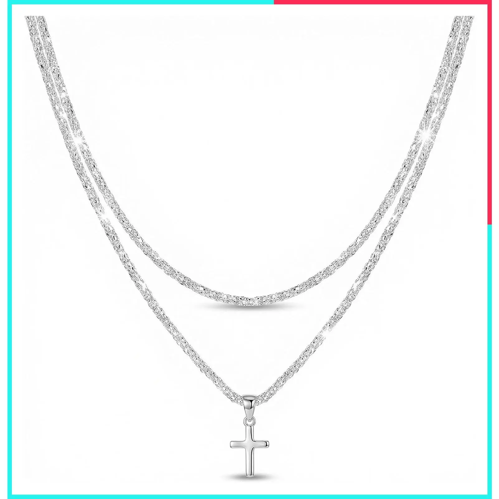 925 Sterling Silver Cross Charm Pendant Necklace Set for Women, Bling Double Layer Rope Chain Choker for Wedding and Romantic Occasions
