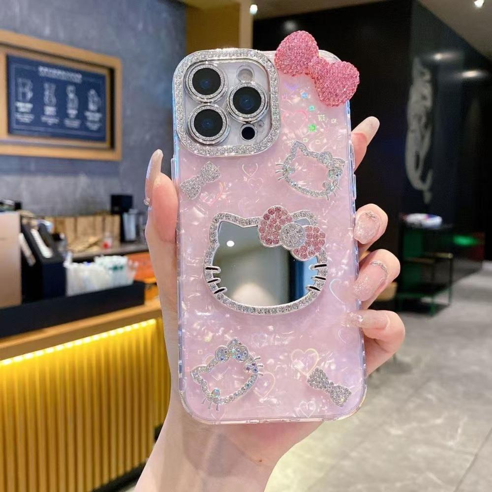 Trendy Cute Shell Pattern Sparkling Cat Mirror Phone Case For iPhone 17 16 15 14 13 12 Pro Max Plus Fashion Protective Cover
