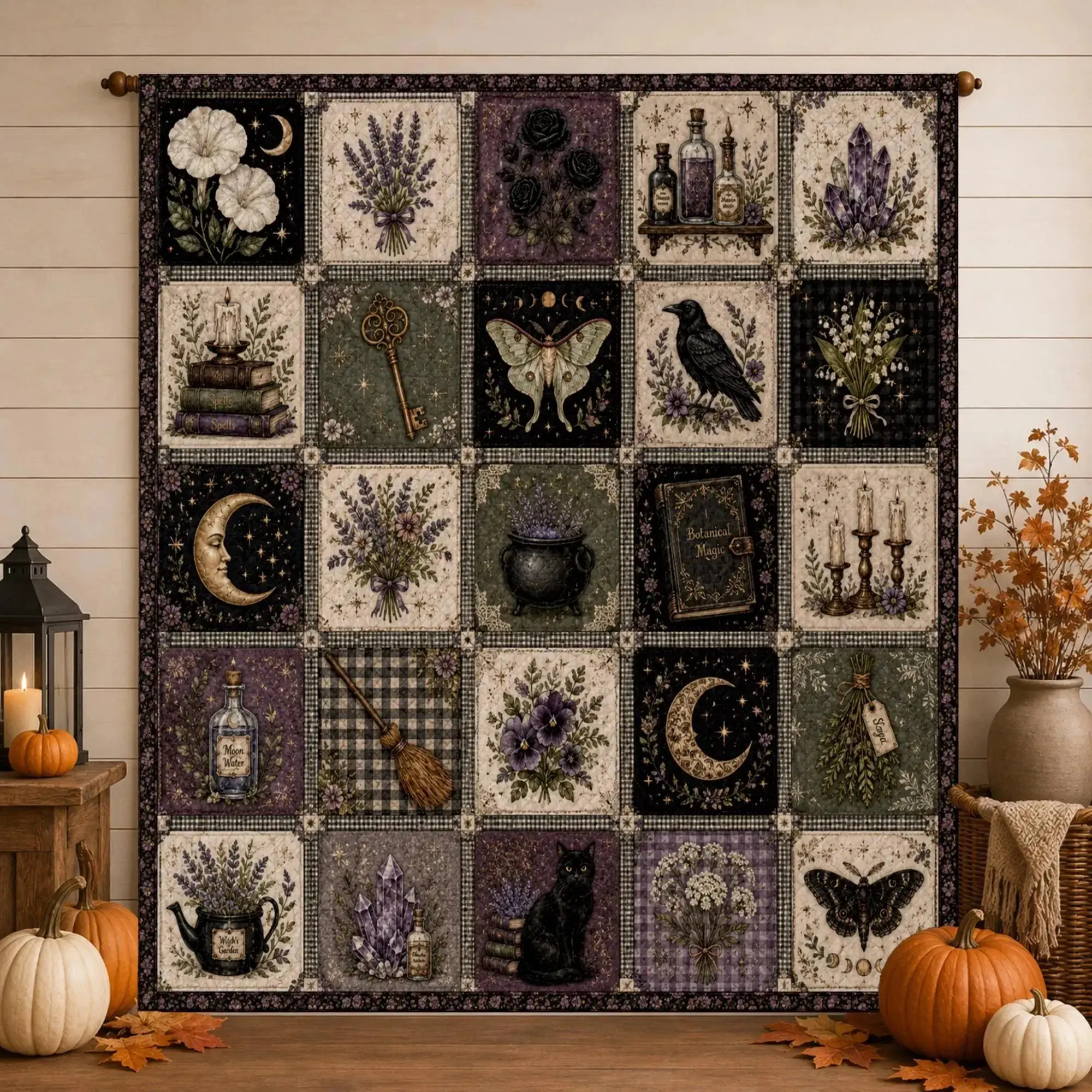 Gothic Witch Camping Throw Blanket - Dark Cottagecore Design, Lavender Moon Raven Patchwork, Botanical Magic Bedding Set, Witchy Gift for Camping & Hiking Sleeping Gear, Throw Blankets