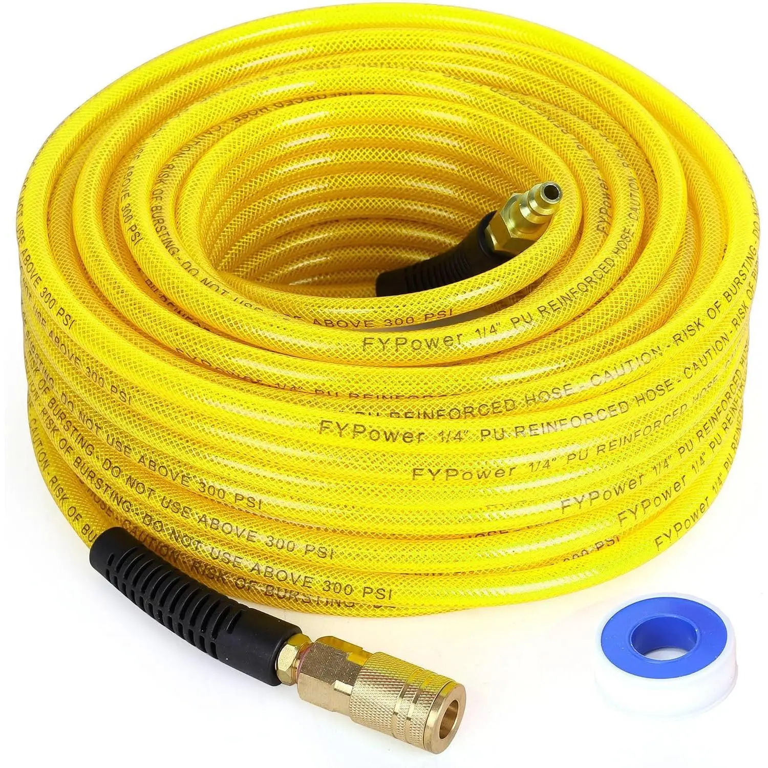 Air Compressor Hose 1/4 Inch x 100 Feet Reinforced Polyurethane (PU) Air Hose with Fittings, Bend Restrictors, 1/4" Industrial Quick Coupler and Plug Kit, Yellow,toolupgrade