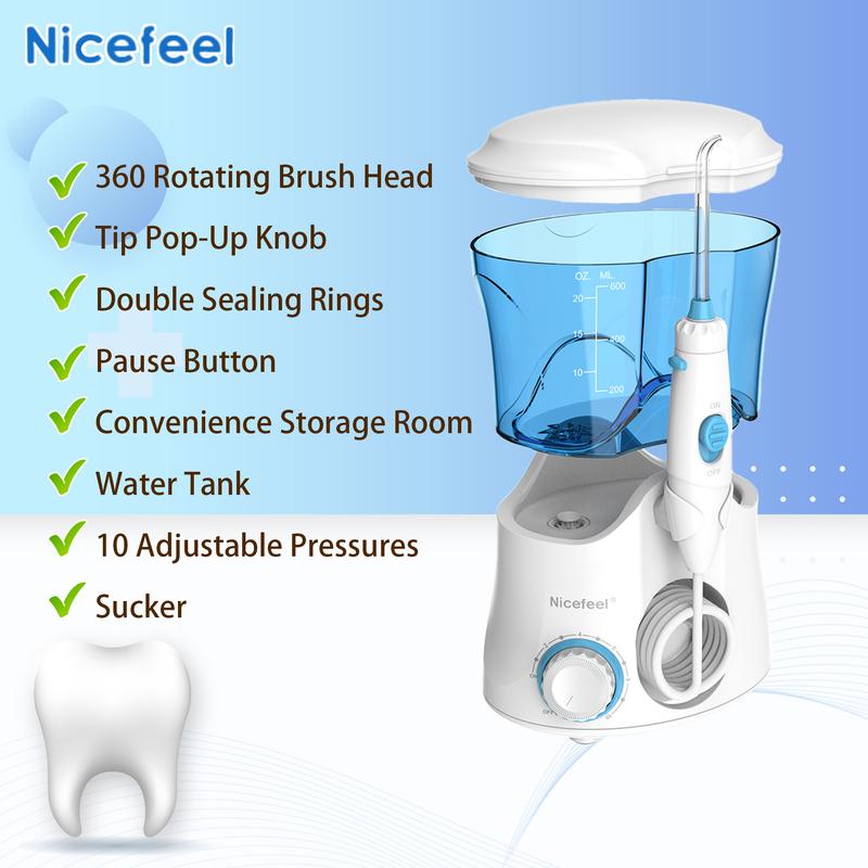 Nicefeel Water Floss - Electric Tooth Water Floss for cleaning and braces cleaning, 10 pressures and 7 Tips, 600ml Water floss for home use