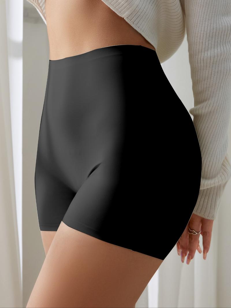 Women's Seamless Briefs Set, Abdominal Control Mid-Waist Underwear, Anti-Curling Safety Pants, Casual Fitted Plain Design, All Seasons