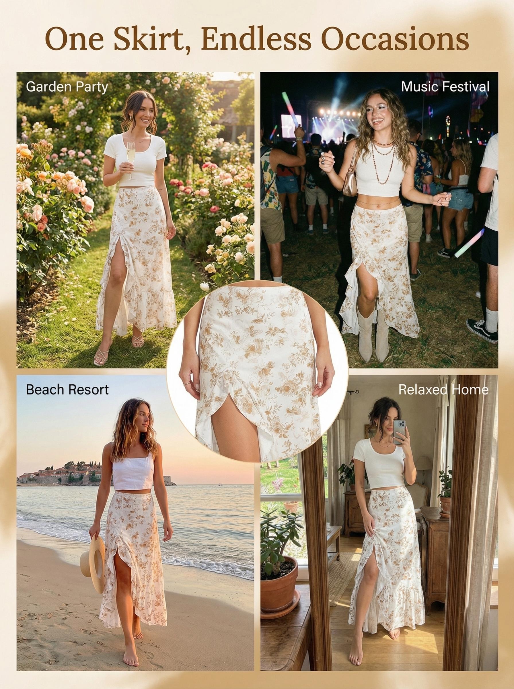 Bohemian Elegant Floral Print Irregular Ruffle A-Line Midi Skirt, Loose-Fitting Design for Garden Parties & Beach Vacations, Spring