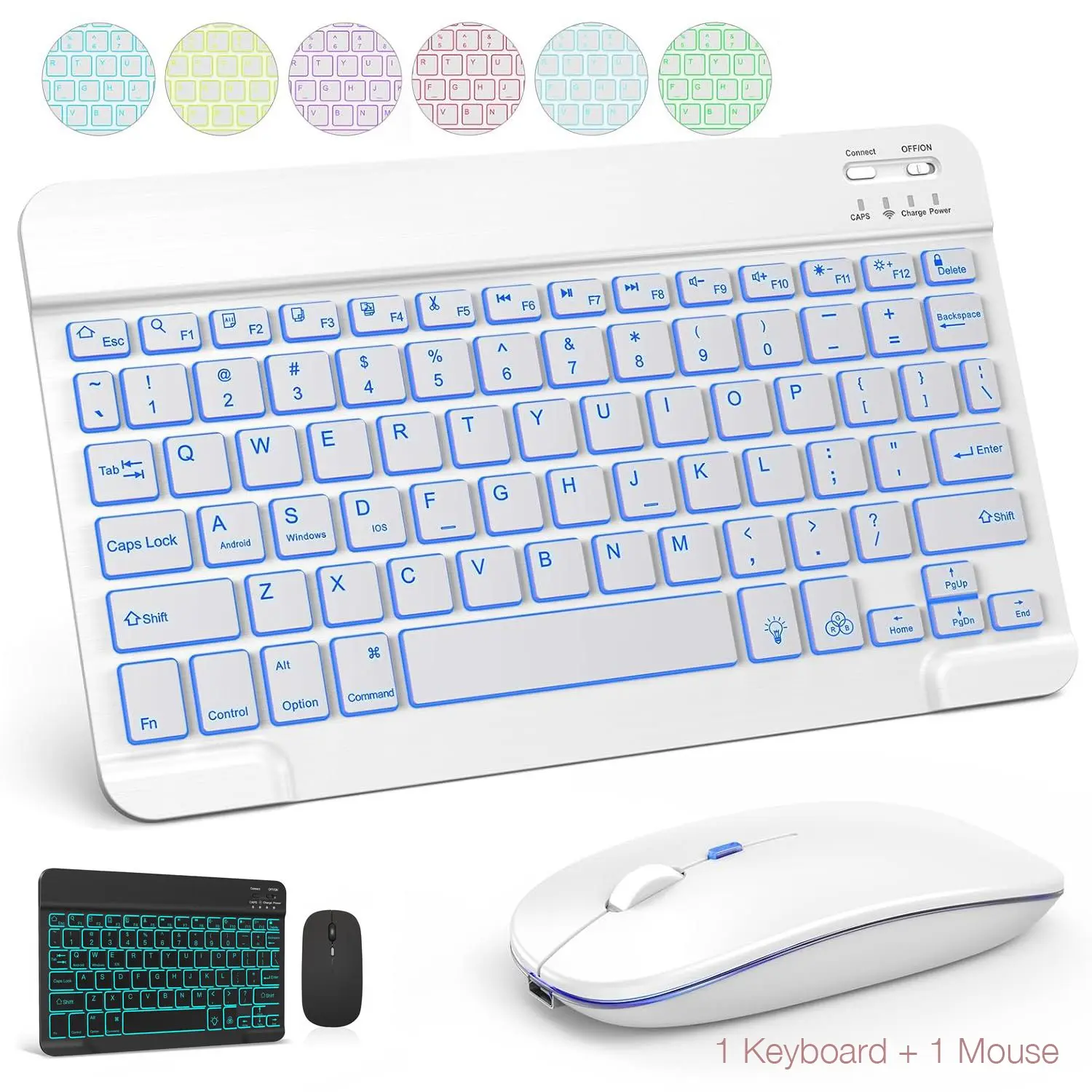 Wireless Keyboard & Mouse Combo, 1 Set Rechargeable Wireless Keyboard & Mouse with 7-color Backlit Backlight, Compatible with iPadOS/iOS/Android/Windows
