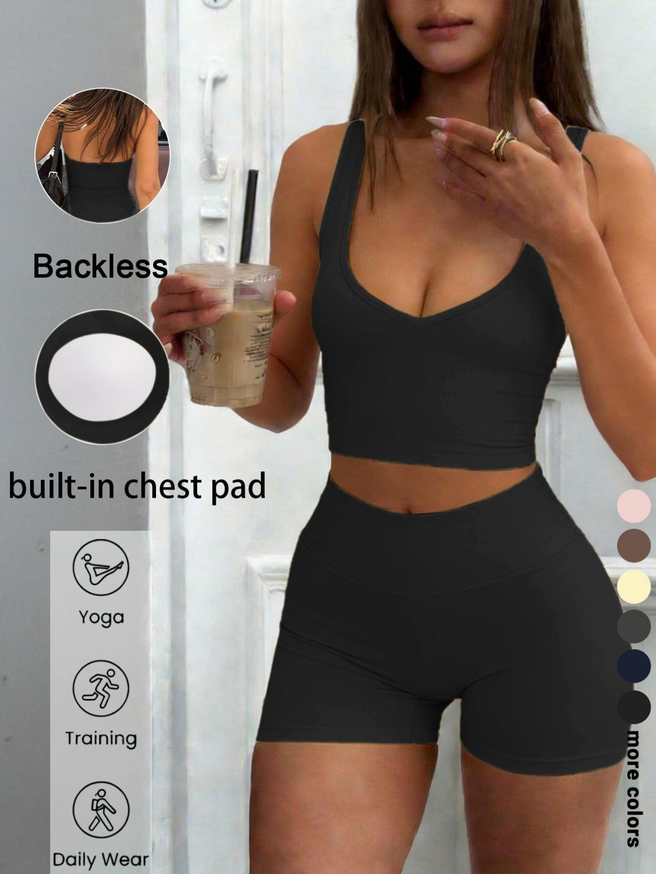 Sexy U-Neck Backless Halter Top Shorts Set, Elastic Comfortable Casual Wear, Perfect for Gym Yoga Running Daily