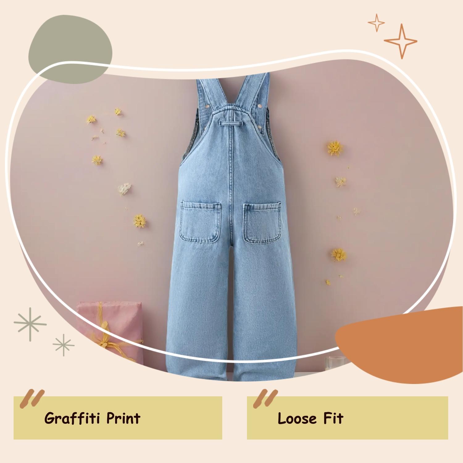 Teenage Girls' Fashionable Graffiti Print Denim Overalls, Loose Fit Casual Jeans for All Seasons, Stylish and Versatile