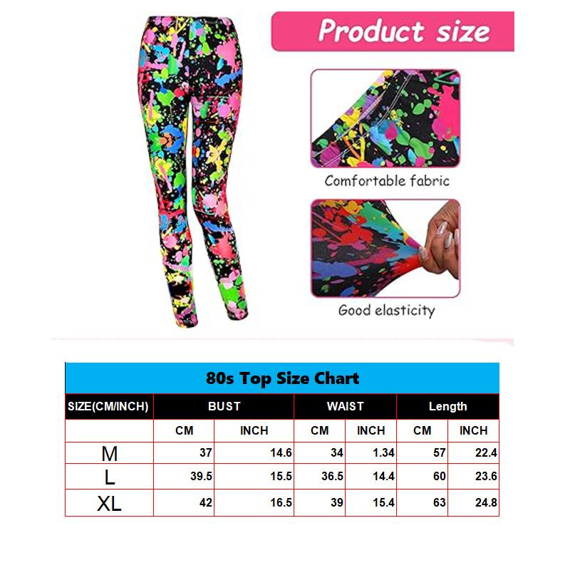 Women’s Neon Pink Mesh Top & Colorful Paint Splash Leggings Set - 80s 90s Rave Festival Outfit with Fishnet Shirt, Fingerless Gloves & Leg Warmers