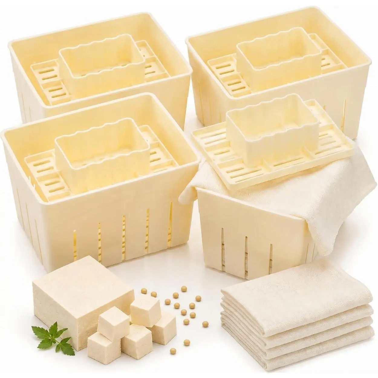4 Pack Tofu Press Mould, Food Grade Plastic DIY Homemade Cheese Maker, BPA Free Pressing Mold with Cheesecloth Kit, Rectangular Home Self-Made Tofu Tool Box for Soybean Curd Press, Kitchen