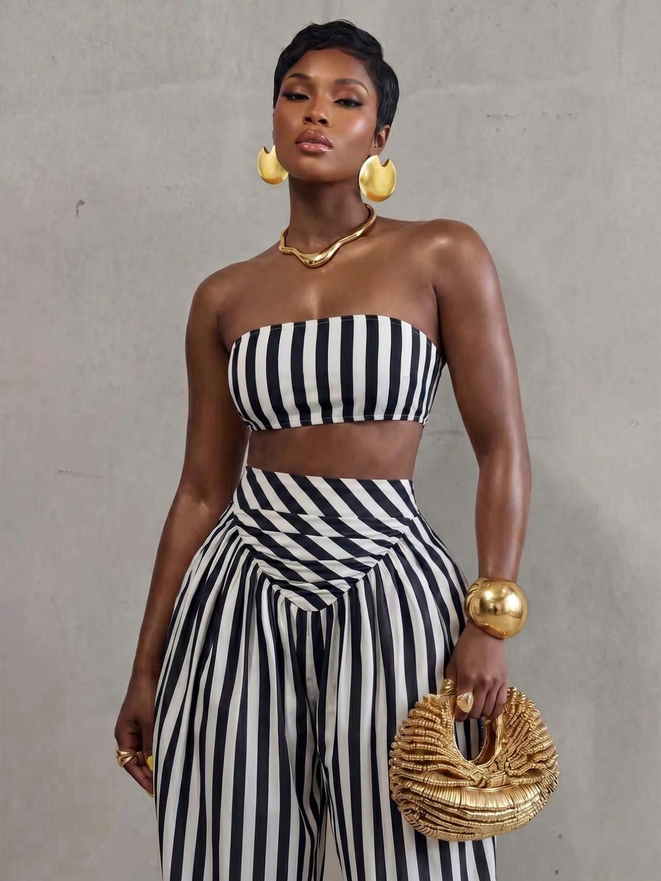 Women's Striped Cropped Tube Top & Loose Jogger Pants 2pcs Set, Summer Vacation, Comfortable Casual Tropical Style