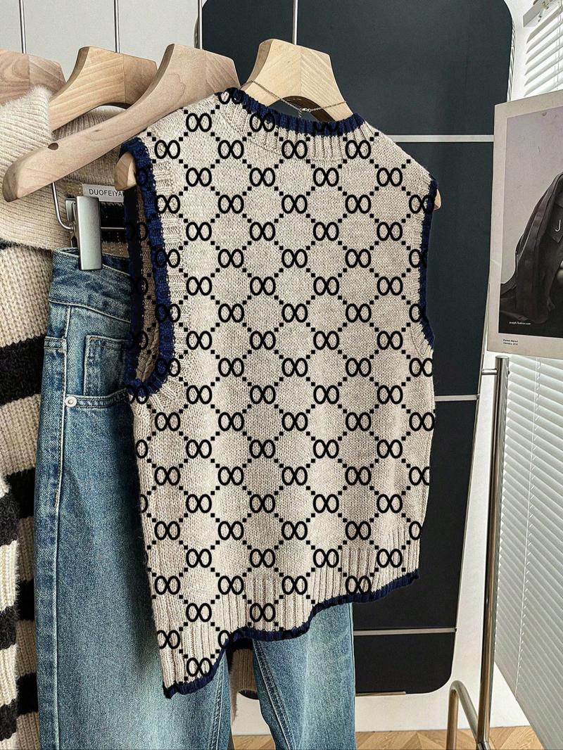 Women's Casual Loose-Fitting Round Neck Sleeveless Knit Top, Colorblock Deep Blue Edging Grid Print, Fall Winter Fashion