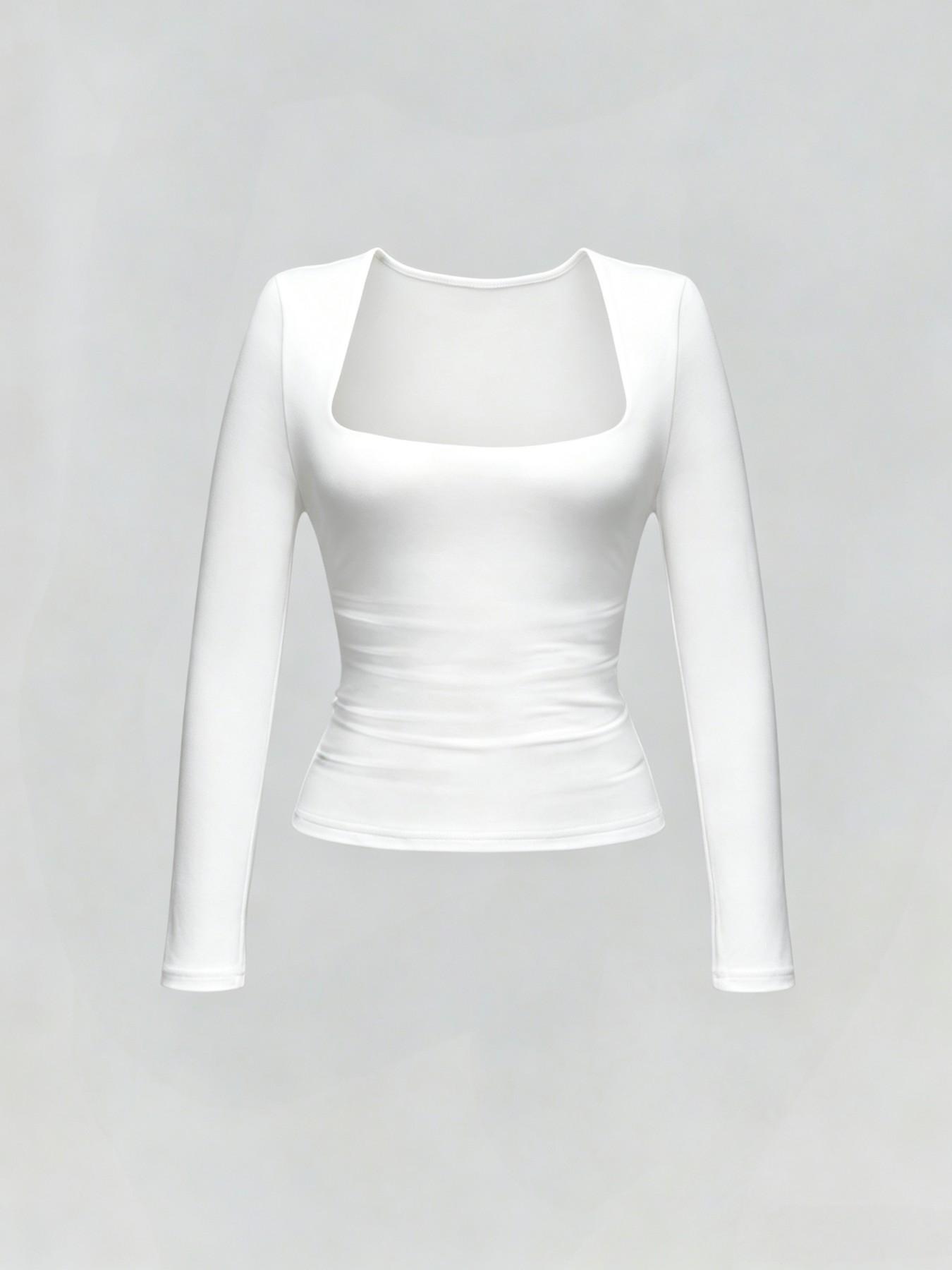 Casual Long Sleeve Square Neck T-Shirt, Slim Fit, Plain Design, Soft and Comfortable, Ideal for Daily Wear, Versatile Fashion Choice