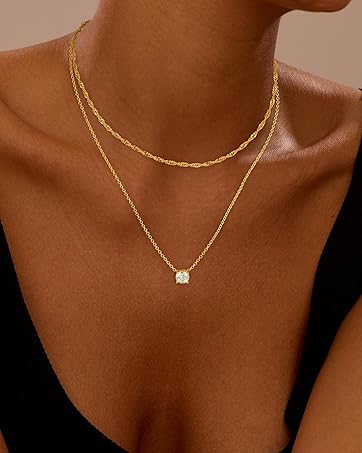 Dainty Gold Necklace for Women Non Tarnish Layered 14k Diamond Pendant Charm Gold Plated Necklaces CZ Trendy Zirconia Chain Choker Necklace Stack Gold Jewelry for Women Birthday Gift