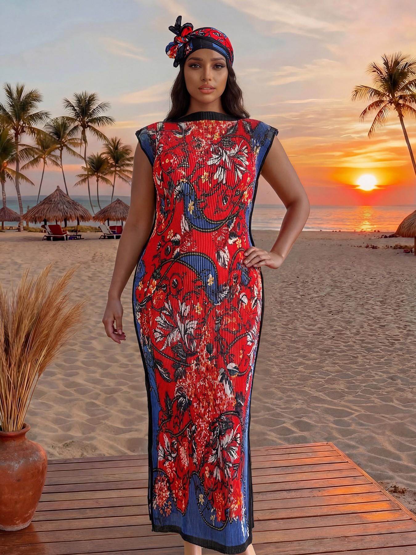 Women's Elegant Animal Print Long Dress Set, Slim-Fitting Moo Moo Skirt & Scarf, Beach Sun Protection Shawl, All Seasons Fashion, Accessory