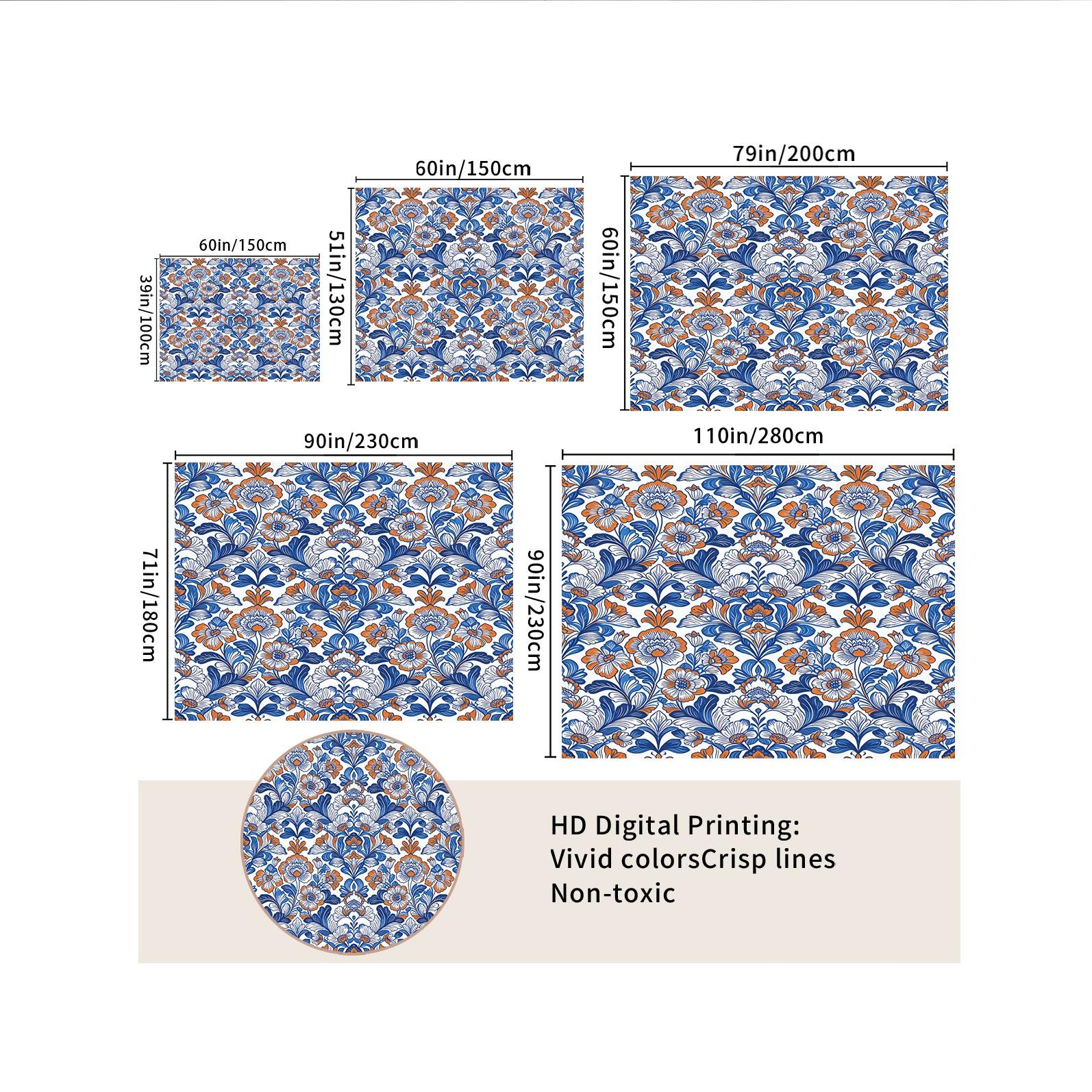 1 Piece Bohemian Blue Orange Floral Tapestry, HD Digital Printed Wall Hanging Tapestries, Aesthetic Boho Tapestry for Living Room Bedroom Dorm Home Decor