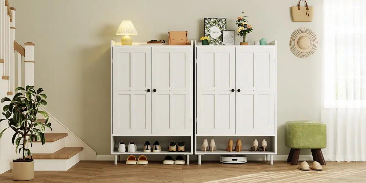 【SPOTLIGHT DAY】ONBRILL Shoe Storage Cabinet with Cross Molding Doors, 6-Tier Farmhouse Shoe Cabinet with 3 Adjustable Shelves and Metal Legs, 45'' Tall Shoes Rack Organizer Cabinet for Entryway, Front Door