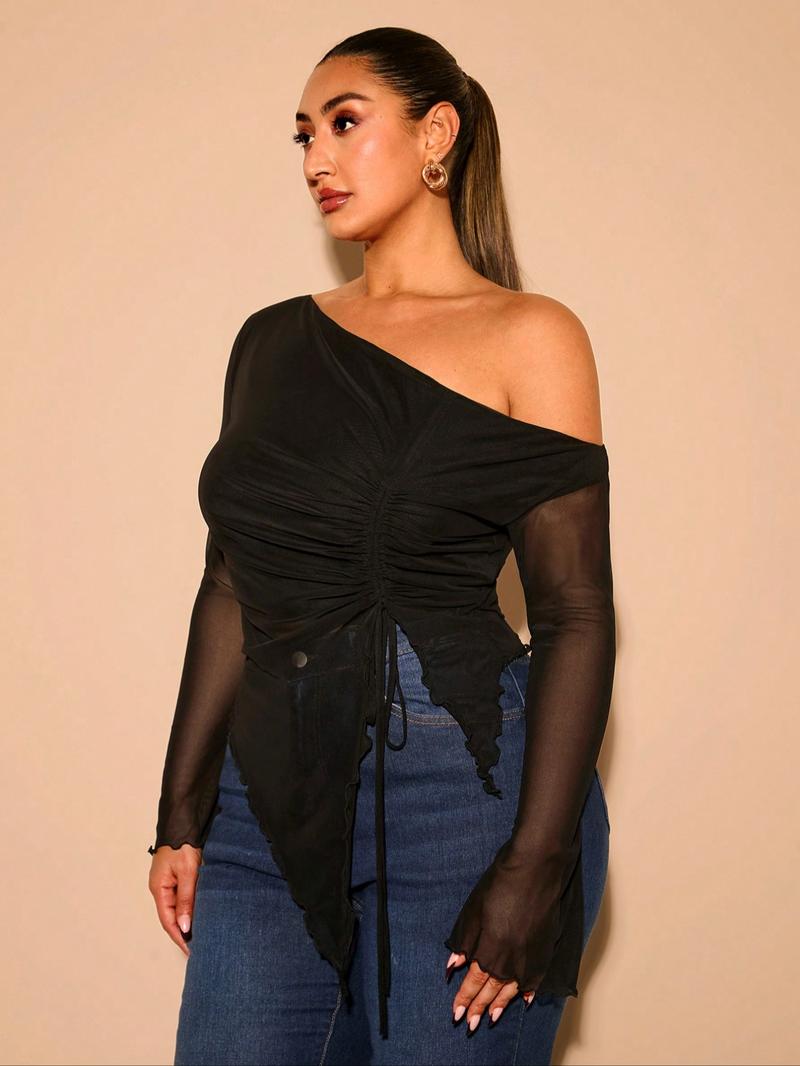 Plus Size Women's Mesh Top, Asymmetrical Shoulder Drawstring Long Sleeve Shirt, Semi-Transparent Slim Fit, Casual & Formal Wear